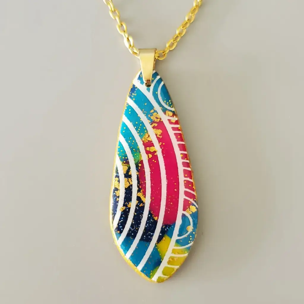 [COL00017] Collier goutte fine bleues, rose,  jaune et doré
