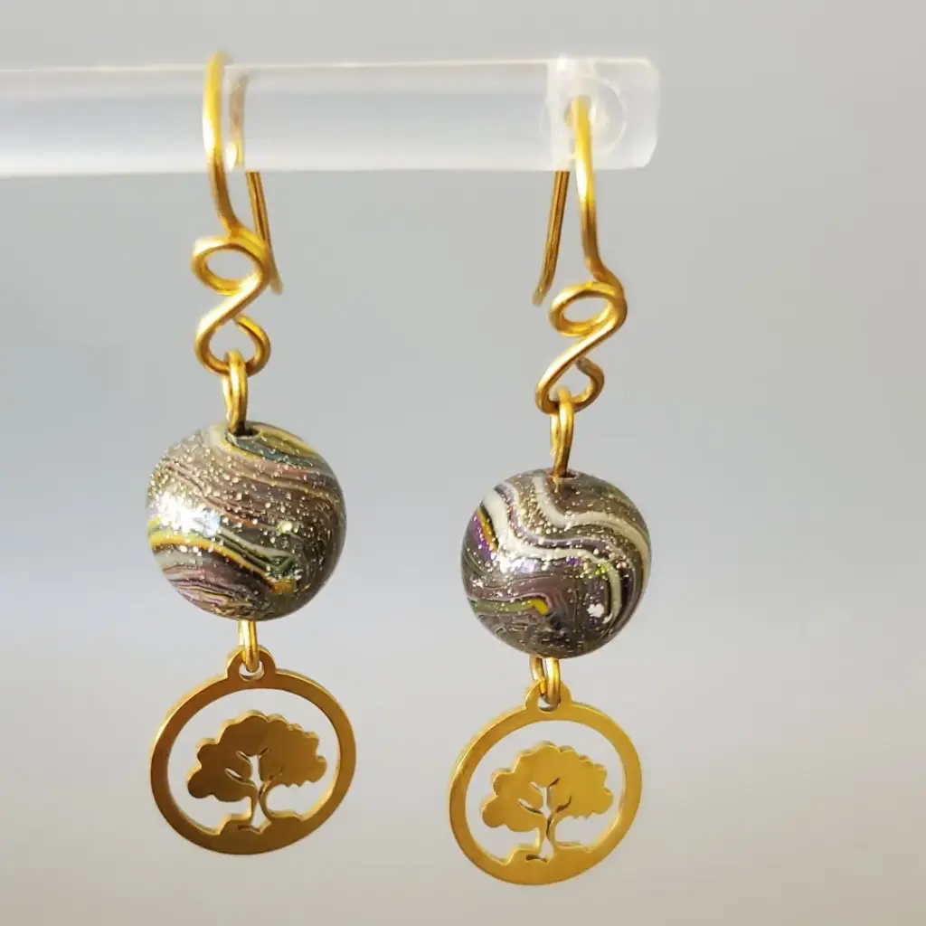 [BO00033] Boucles d'oreilles perles verte-noire et arbre de vie doré